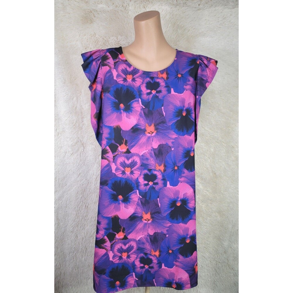 Cynthia Rowley Dress Size 14 Ruffle Cap Sleeves Shift Purple Floral Summer R